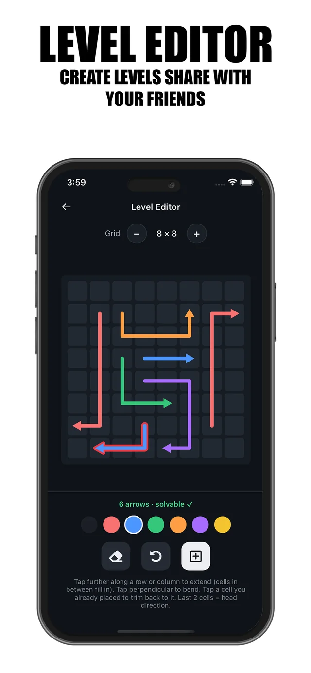 Arrow Puzzle Wave level editor on iPhone showing a 9x9 grid with colored arrows and a solvable checkmark