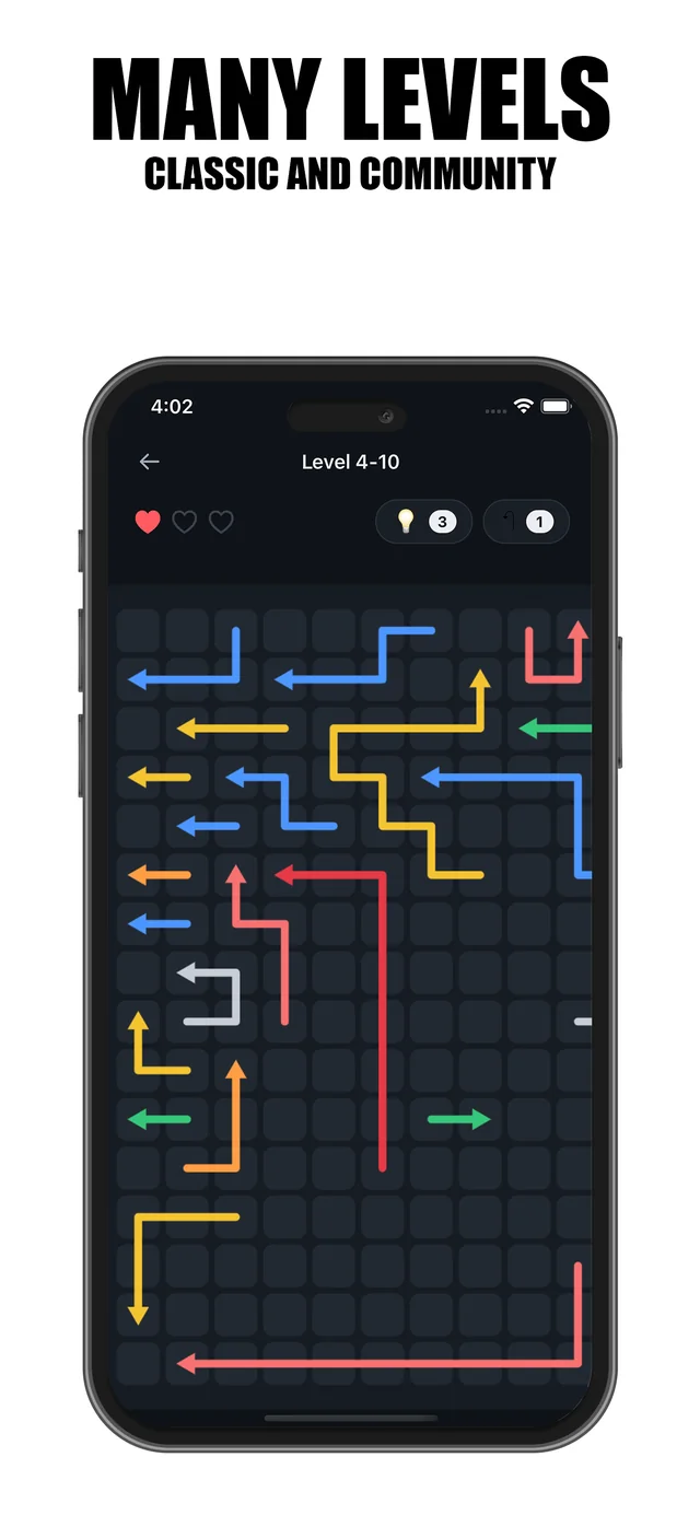 A large community level in Arrow Puzzle Wave filled with colorful arrows on a dark board