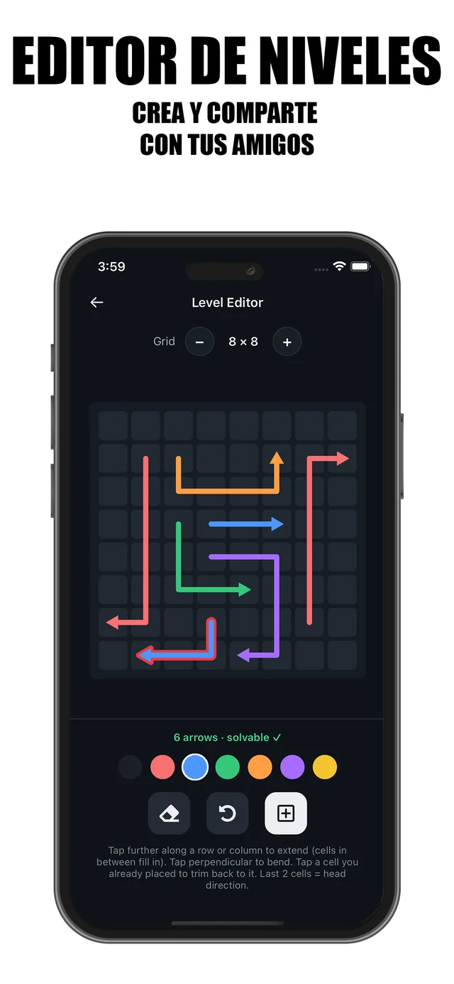 Editor de niveles de Arrow Puzzle Wave en iPhone con un tablero 9x9 de flechas de colores y verificación de solución