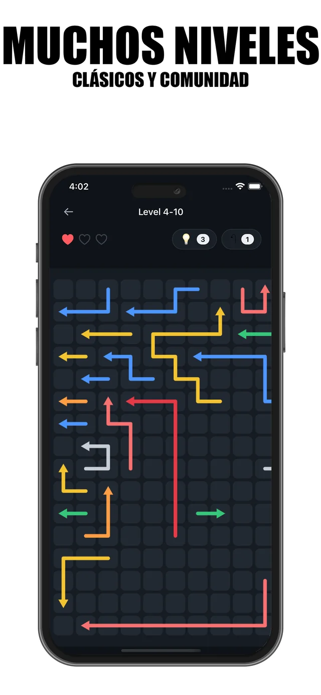 Un nivel grande de la comunidad en Arrow Puzzle Wave lleno de flechas de colores sobre un tablero oscuro