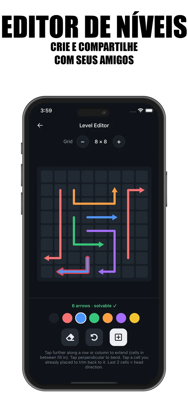 Editor de níveis do Arrow Puzzle Wave no iPhone com tabuleiro 9x9 de setas coloridas e verificação de solução