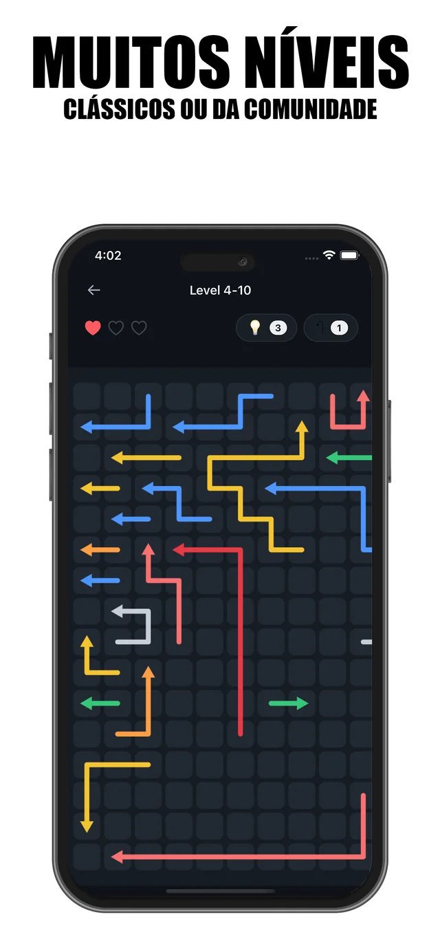 Um nível grande da comunidade no Arrow Puzzle Wave cheio de setas coloridas em um tabuleiro escuro